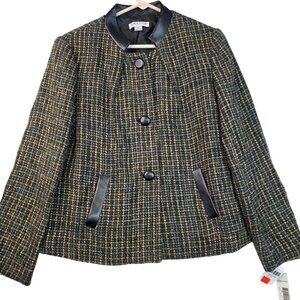 Pendleton Size 10 Petite Tweed Jacket Leather Trim Wool Blend Vintage Deadstock